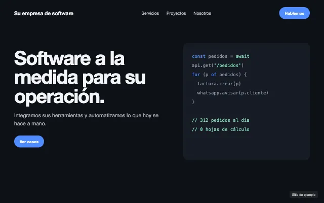 Sitio de ejemplo de una empresa de software: titular, botón y un bloque de código